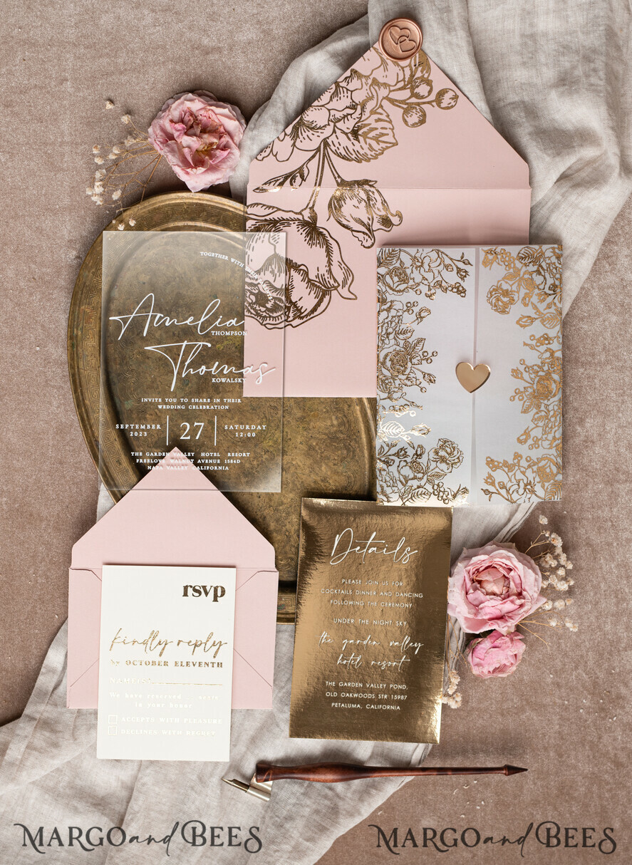 WEDDING INVITATIONS gold / rose gold / silver / glitter Bespoke Acrylic blush Pink gold wedding invitation, Glamour  golden nude Wedding Invitations with envelopes, Modern Golden Plexi Wedding Invitation Suite with rsvp ,Boho Glam Wedding Cards wax seal 