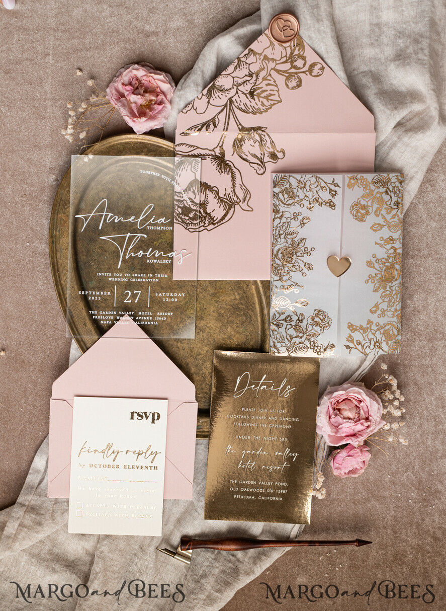WEDDING INVITATIONS gold / rose gold / silver / glitter Bespoke Acrylic blush Pink gold wedding invitation, Glamour  golden nude Wedding Invitations with envelopes, Modern Golden Plexi Wedding Invitation Suite with rsvp ,Boho Glam Wedding Cards wax seal 
