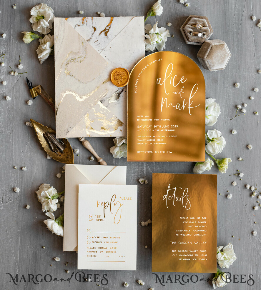 HOCHZEITS EINLADUNGEN Gold / Roségold / Silber / Glitzer Elegante goldene Hochzeitskarten, luxuriöse goldene Acryl-Hochzeitskarten, goldene Marmor-Hochzeitsinvitationen, Arch Glamour Hochzeitsinvitationen Set