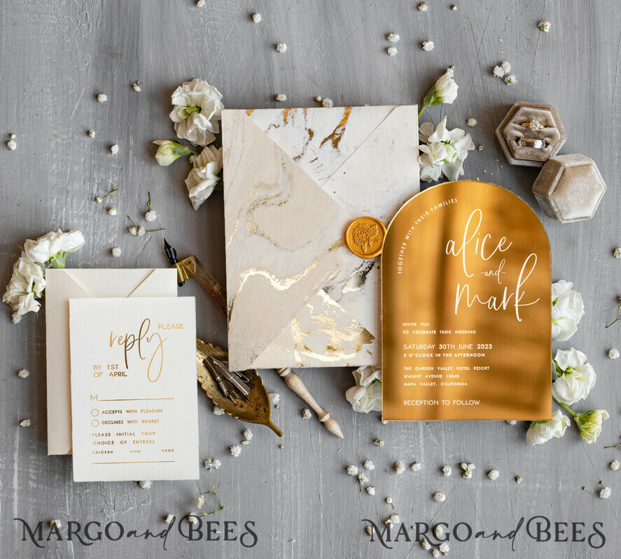 HOCHZEITS EINLADUNGEN Gold / Roségold / Silber / Glitzer Elegante goldene Hochzeitskarten, luxuriöse goldene Acryl-Hochzeitskarten, goldene Marmor-Hochzeitsinvitationen, Arch Glamour Hochzeitsinvitationen Set