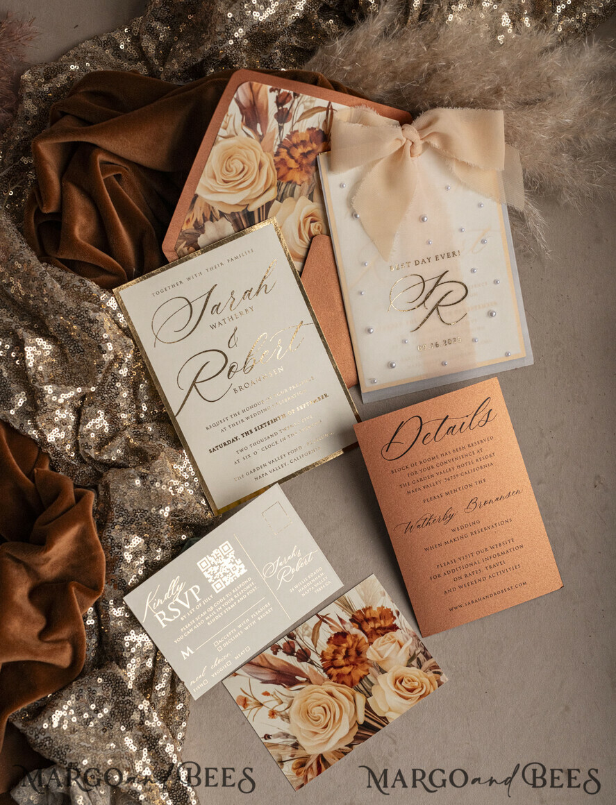WEDDING INVITATIONS gold / rose gold / silver / glitter terracotta Chiffon bow beaded bespoke Elegant Burnt orange Gold Wedding Invitation Suite, White Perls Golden Wedding Cards, Boho golden folder Wedding Stationery, Vellum etui with monogram
