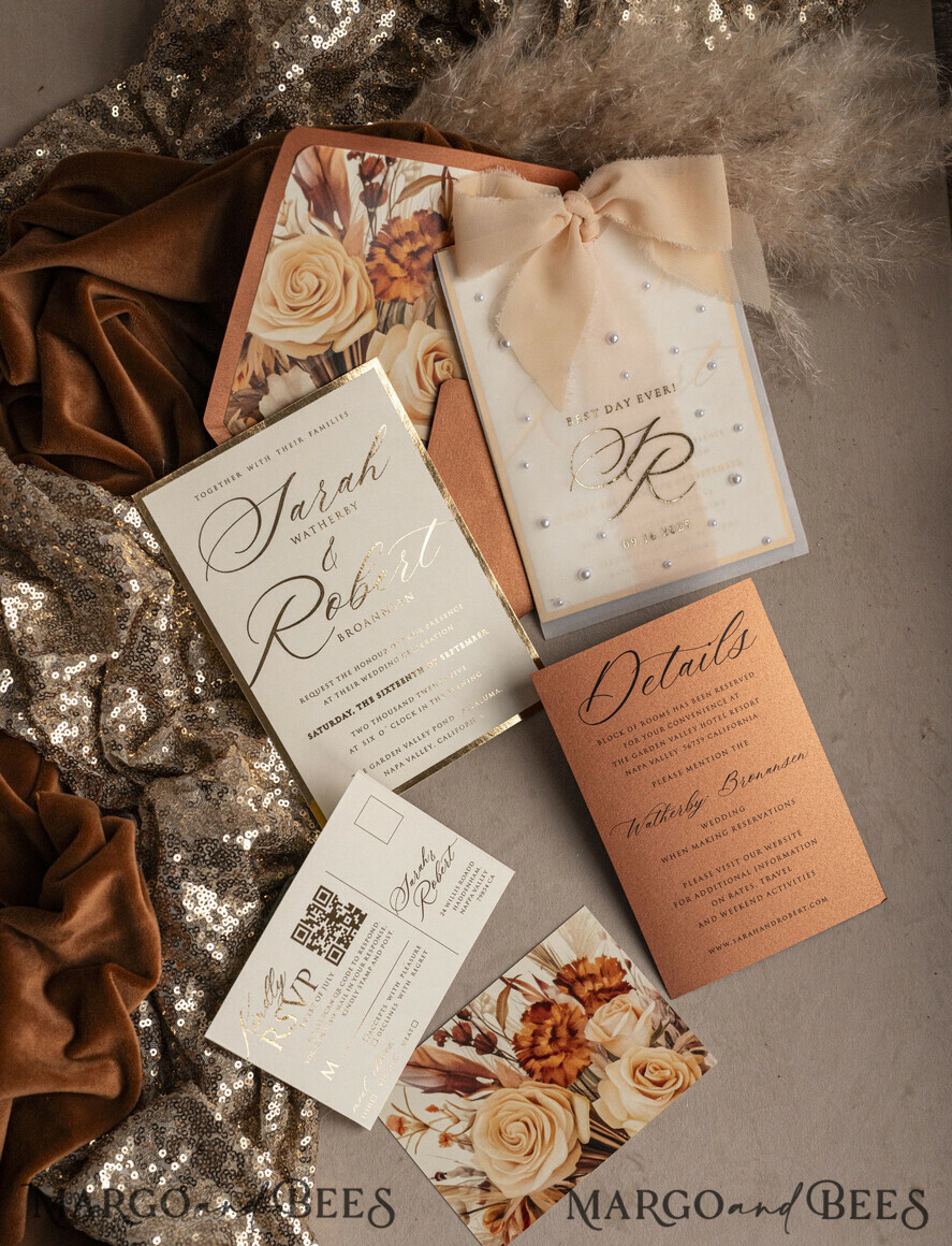 WEDDING INVITATIONS gold / rose gold / silver / glitter terracotta Chiffon bow beaded bespoke Elegant Burnt orange Gold Wedding Invitation Suite, White Perls Golden Wedding Cards, Boho golden folder Wedding Stationery, Vellum etui with monogram