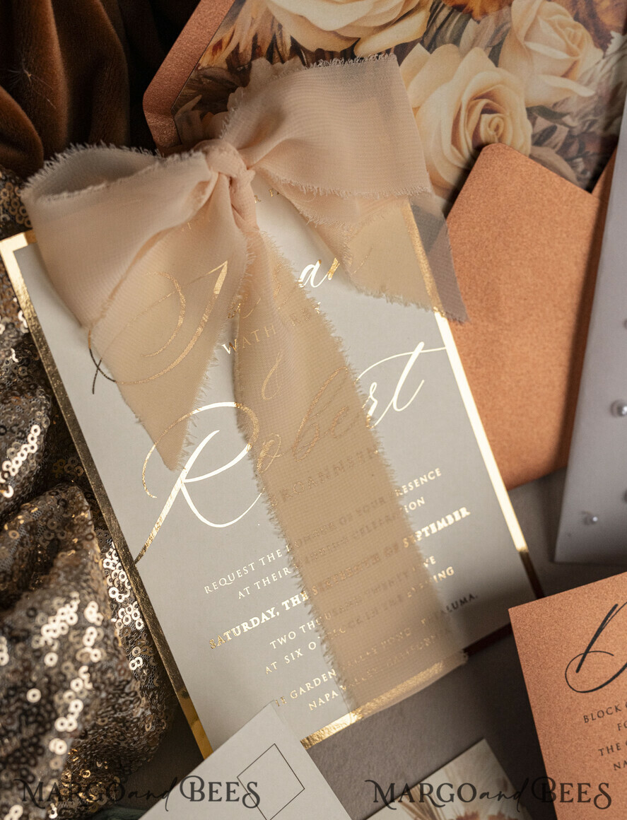 WEDDING INVITATIONS gold / rose gold / silver / glitter terracotta Chiffon bow beaded bespoke Elegant Burnt orange Gold Wedding Invitation Suite, White Perls Golden Wedding Cards, Boho golden folder Wedding Stationery, Vellum etui with monogram