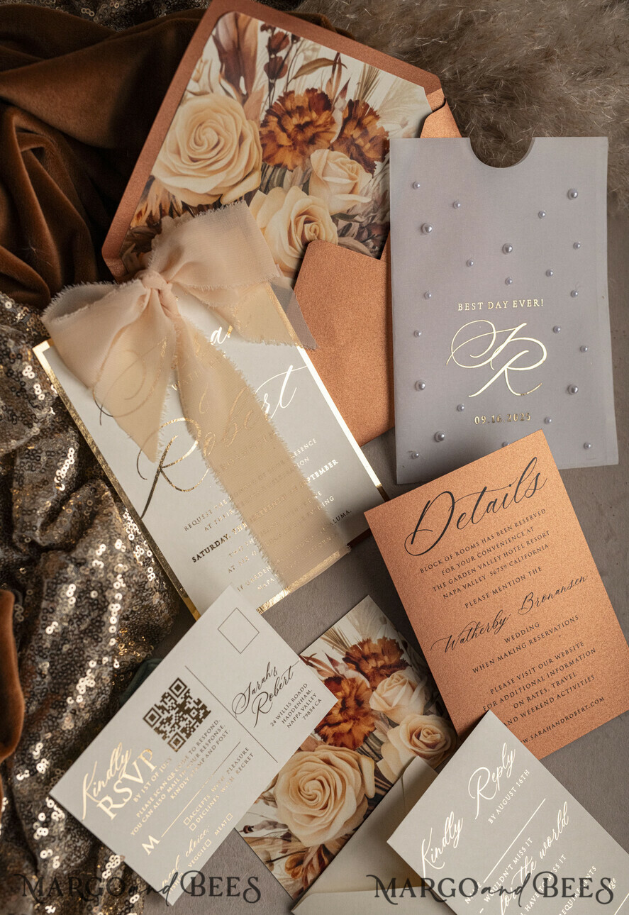 WEDDING INVITATIONS gold / rose gold / silver / glitter terracotta Chiffon bow beaded bespoke Elegant Burnt orange Gold Wedding Invitation Suite, White Perls Golden Wedding Cards, Boho golden folder Wedding Stationery, Vellum etui with monogram