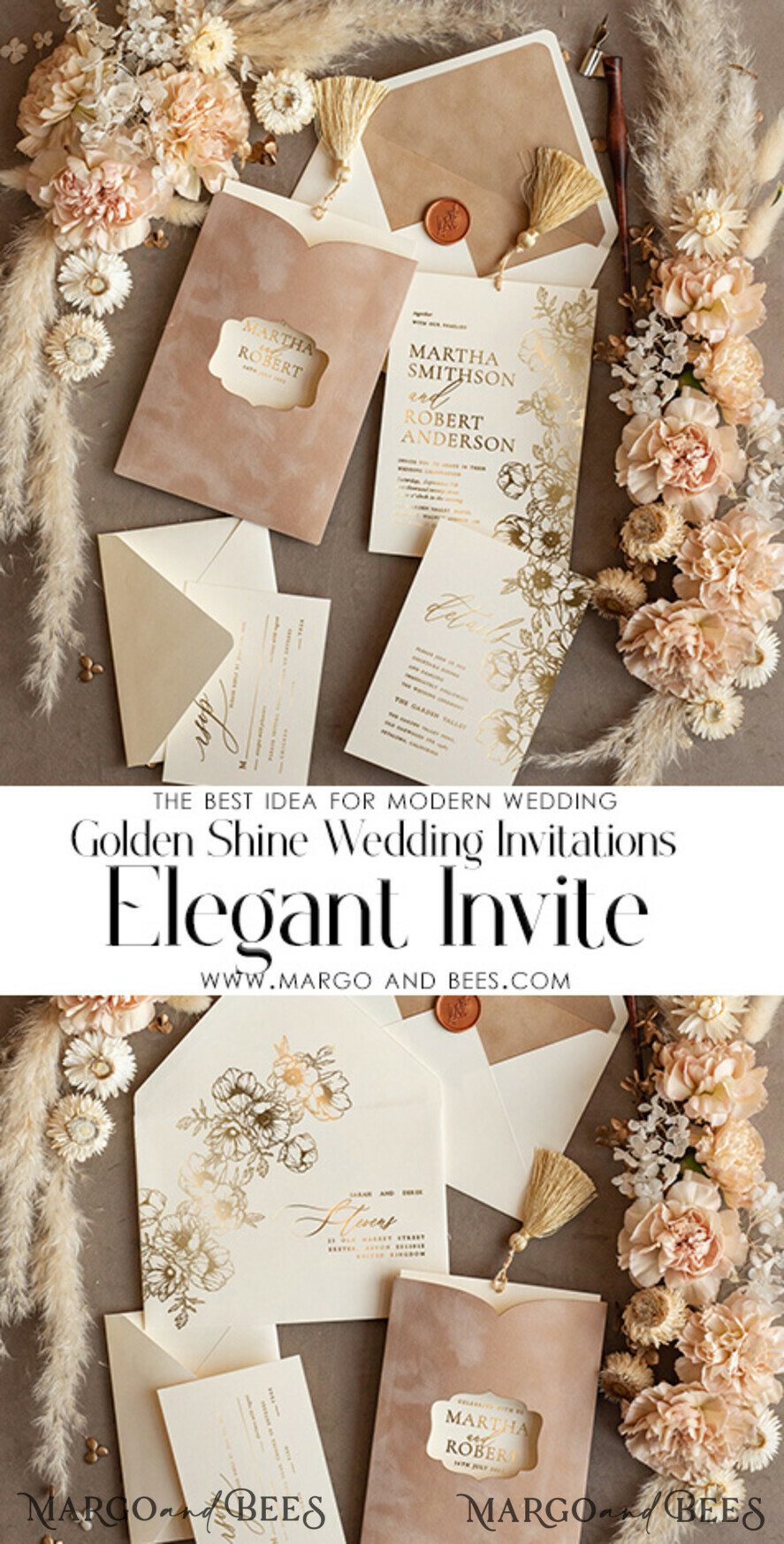 WEDDING INVITATIONS gold / rose gold / silver / glitter Romantic Wedding invitations velvet beige pocket, Elegant gold tassel Wedding Invitations, Gold Wedding Invitation Suite,  Luxury wedding Cards