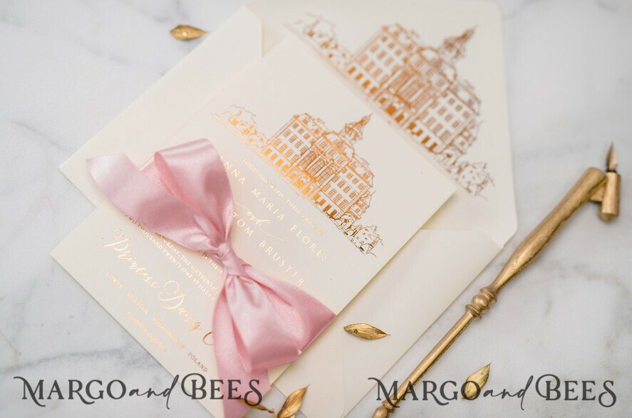 Glitter Rose Gold Wedding Invitation with Elegant Ribbon