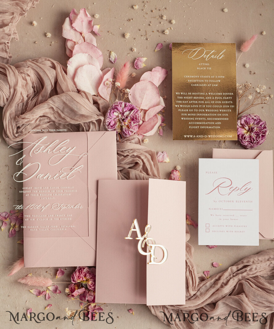 WEDDING INVITATIONS gold / rose gold / silver / glitter  Luxury Mirror gold Wedding Invitations, Elegant Blush Pink Wedding Cards, Glamour Acrylic  Wedding Invites, Clear Plexi Wedding Invitation Suite