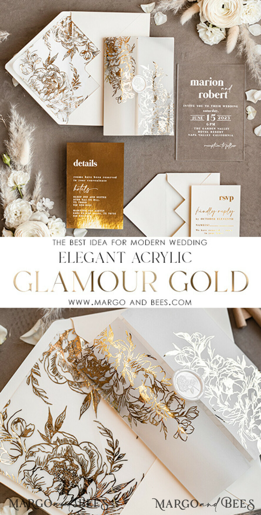 Acrylic Wedding invitations suite, Glamour Wedding Invitations, Golden  Shine Wedding Invitation Suite, Luxury Gold Wedding Cards 02/PXGold/z