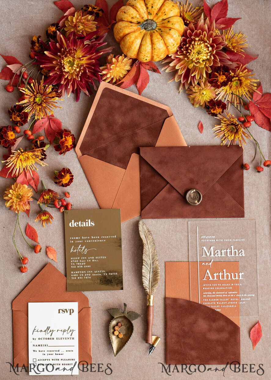 WEDDING INVITATIONS gold / rose gold / silver / glitter Bespoke Terracotta  wedding invitations,  Boho Pocket Acrylic  Wedding Invitations, Rust & Gold Velvet Wedding Invitation Suite, Burnt Orange Wedding Cards