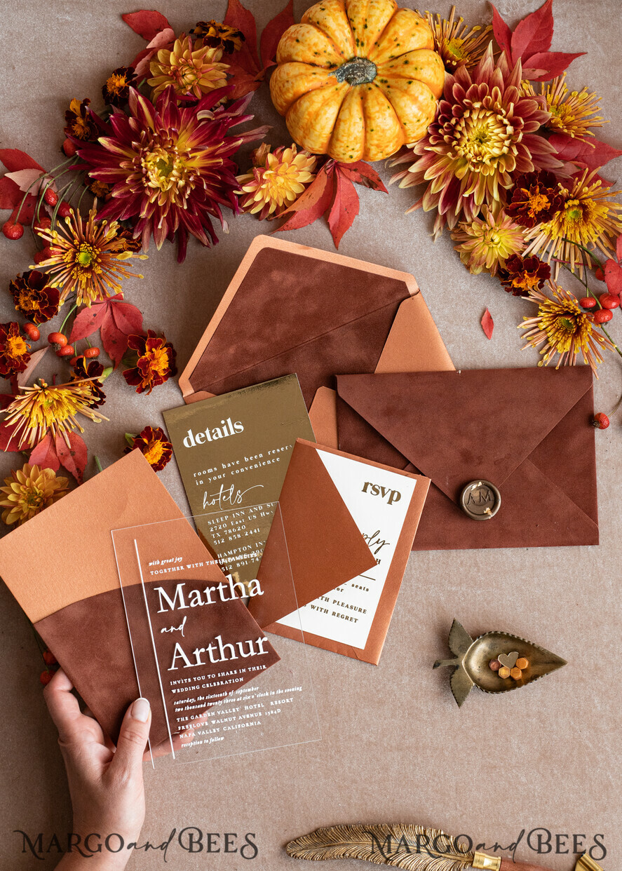 WEDDING INVITATIONS gold / rose gold / silver / glitter Bespoke Terracotta  wedding invitations,  Boho Pocket Acrylic  Wedding Invitations, Rust & Gold Velvet Wedding Invitation Suite, Burnt Orange Wedding Cards