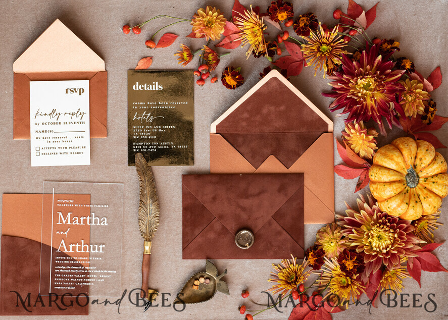 WEDDING INVITATIONS gold / rose gold / silver / glitter Bespoke Terracotta  wedding invitations,  Boho Pocket Acrylic  Wedding Invitations, Rust & Gold Velvet Wedding Invitation Suite, Burnt Orange Wedding Cards