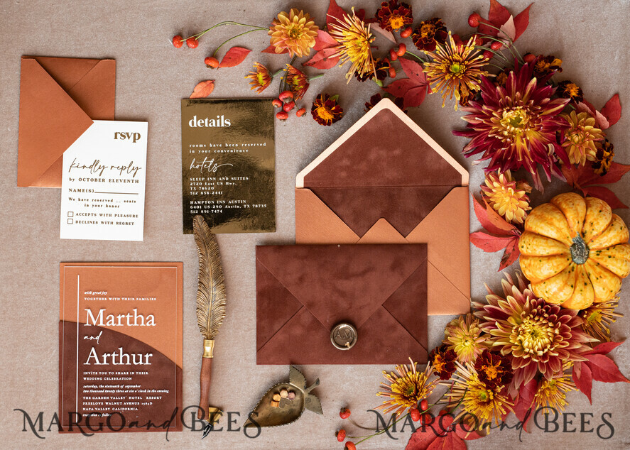 WEDDING INVITATIONS gold / rose gold / silver / glitter Bespoke Terracotta  wedding invitations,  Boho Pocket Acrylic  Wedding Invitations, Rust & Gold Velvet Wedding Invitation Suite, Burnt Orange Wedding Cards