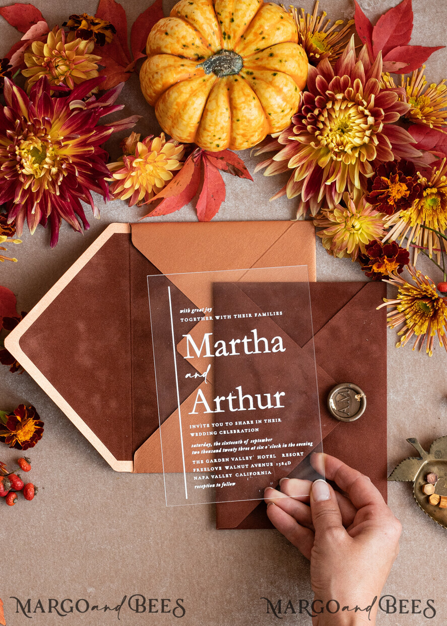 WEDDING INVITATIONS gold / rose gold / silver / glitter Bespoke Terracotta  wedding invitations,  Boho Pocket Acrylic  Wedding Invitations, Rust & Gold Velvet Wedding Invitation Suite, Burnt Orange Wedding Cards
