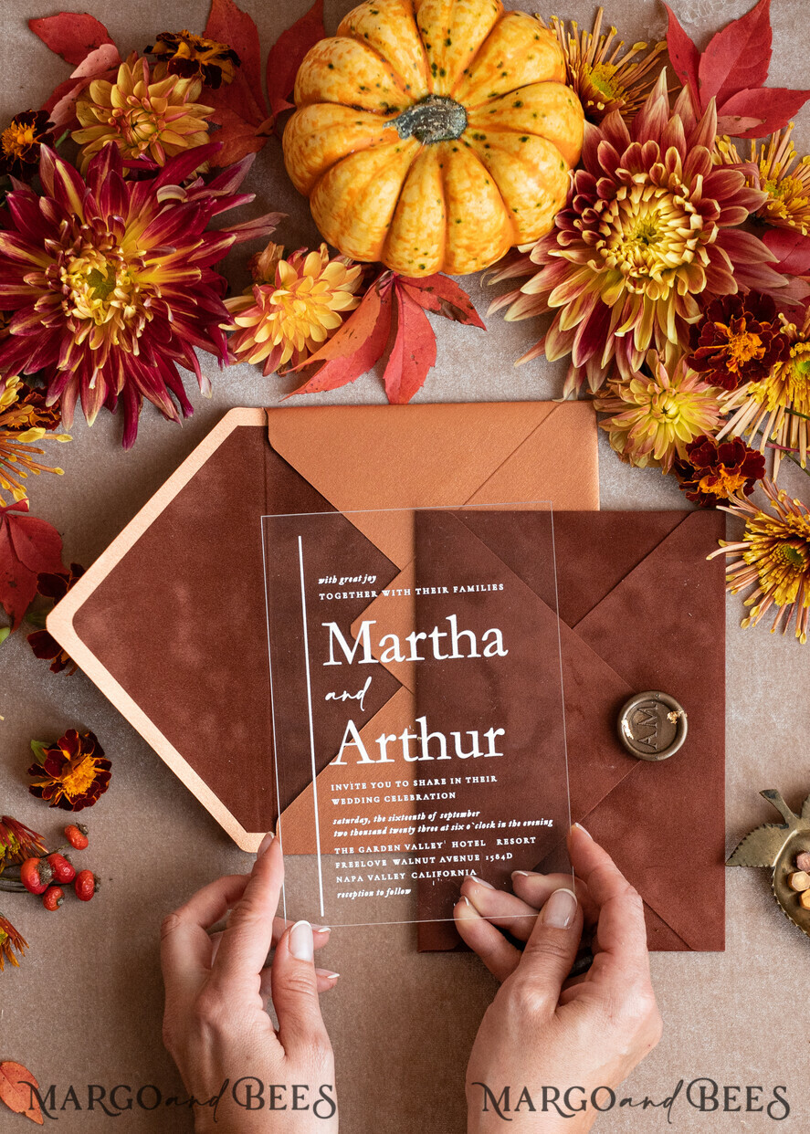 WEDDING INVITATIONS gold / rose gold / silver / glitter Bespoke Terracotta  wedding invitations,  Boho Pocket Acrylic  Wedding Invitations, Rust & Gold Velvet Wedding Invitation Suite, Burnt Orange Wedding Cards