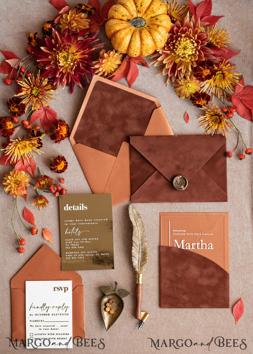 WEDDING INVITATIONS gold / rose gold / silver / glitter Bespoke Terracotta  wedding invitations,  Boho Pocket Acrylic  Wedding Invitations, Rust & Gold Velvet Wedding Invitation Suite, Burnt Orange Wedding Cards