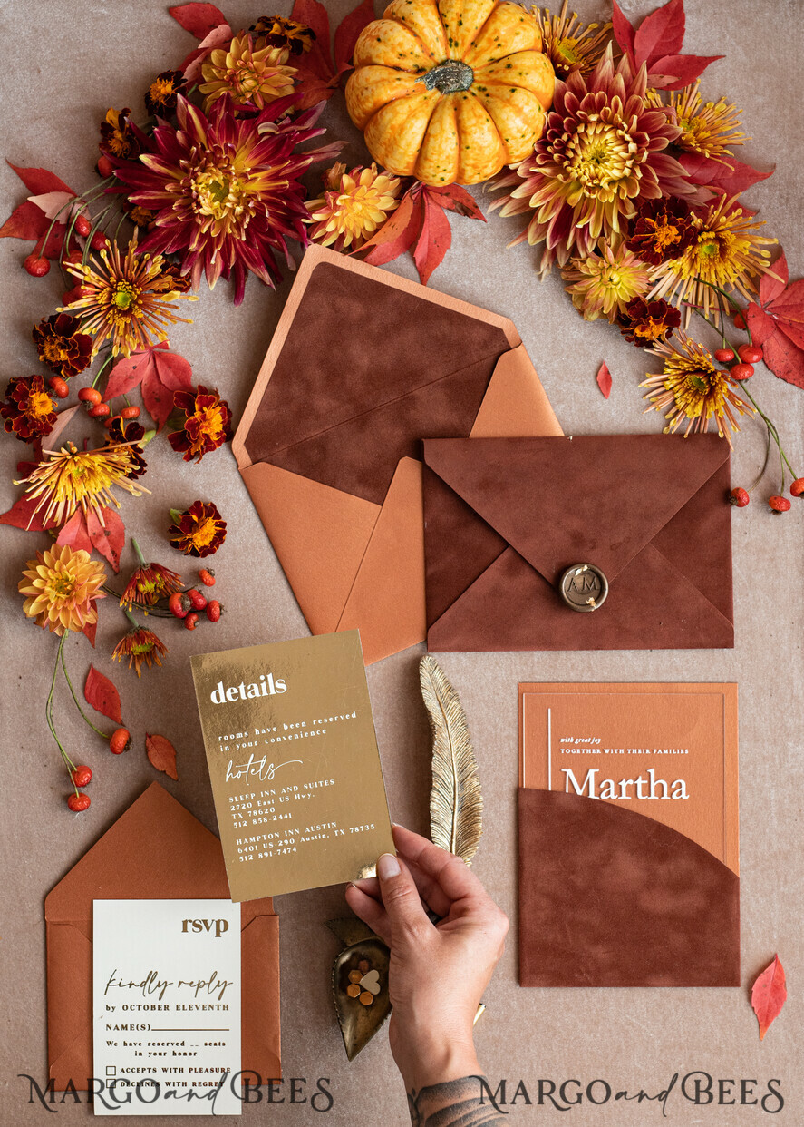 WEDDING INVITATIONS gold / rose gold / silver / glitter Bespoke Terracotta  wedding invitations,  Boho Pocket Acrylic  Wedding Invitations, Rust & Gold Velvet Wedding Invitation Suite, Burnt Orange Wedding Cards