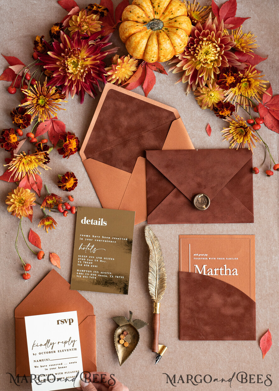 WEDDING INVITATIONS gold / rose gold / silver / glitter Bespoke Terracotta  wedding invitations,  Boho Pocket Acrylic  Wedding Invitations, Rust & Gold Velvet Wedding Invitation Suite, Burnt Orange Wedding Cards