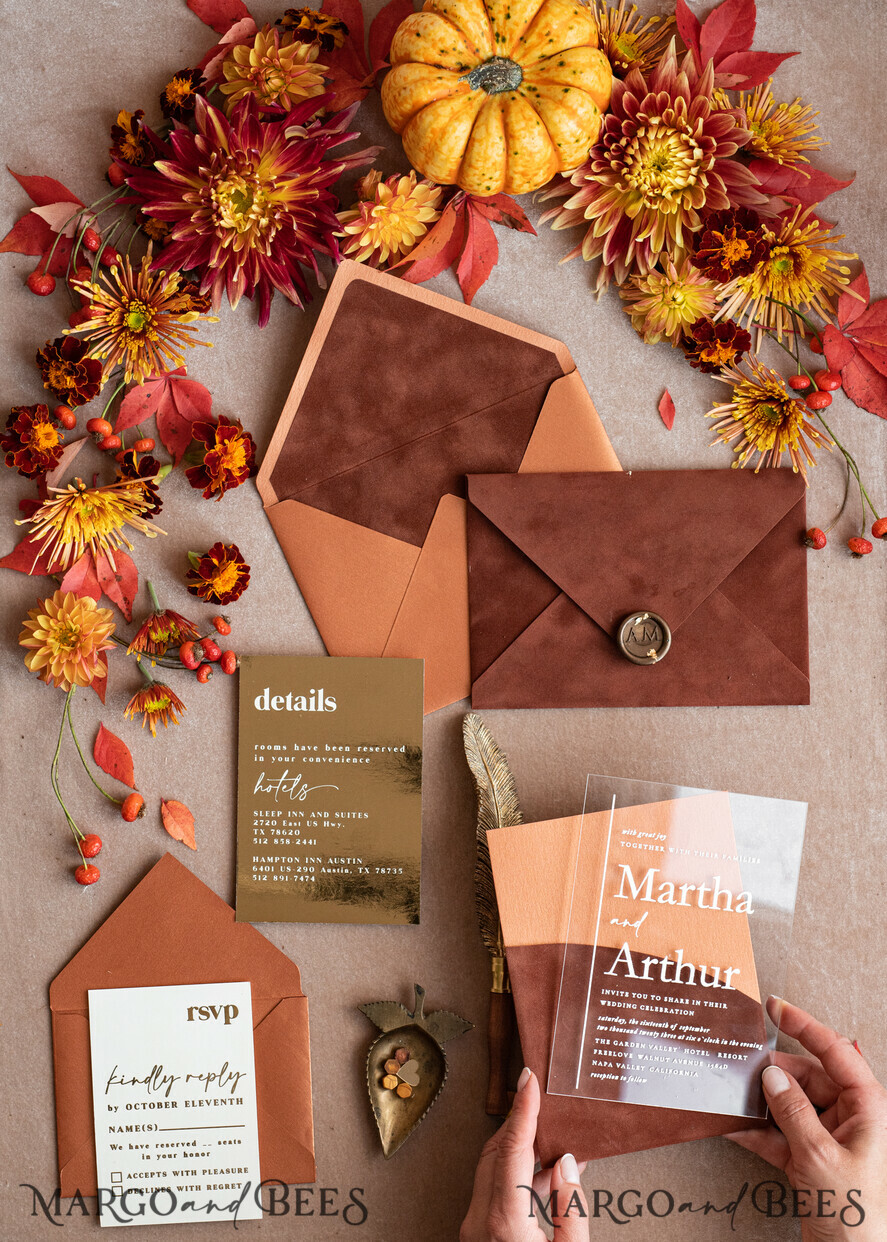 WEDDING INVITATIONS gold / rose gold / silver / glitter Bespoke Terracotta  wedding invitations,  Boho Pocket Acrylic  Wedding Invitations, Rust & Gold Velvet Wedding Invitation Suite, Burnt Orange Wedding Cards