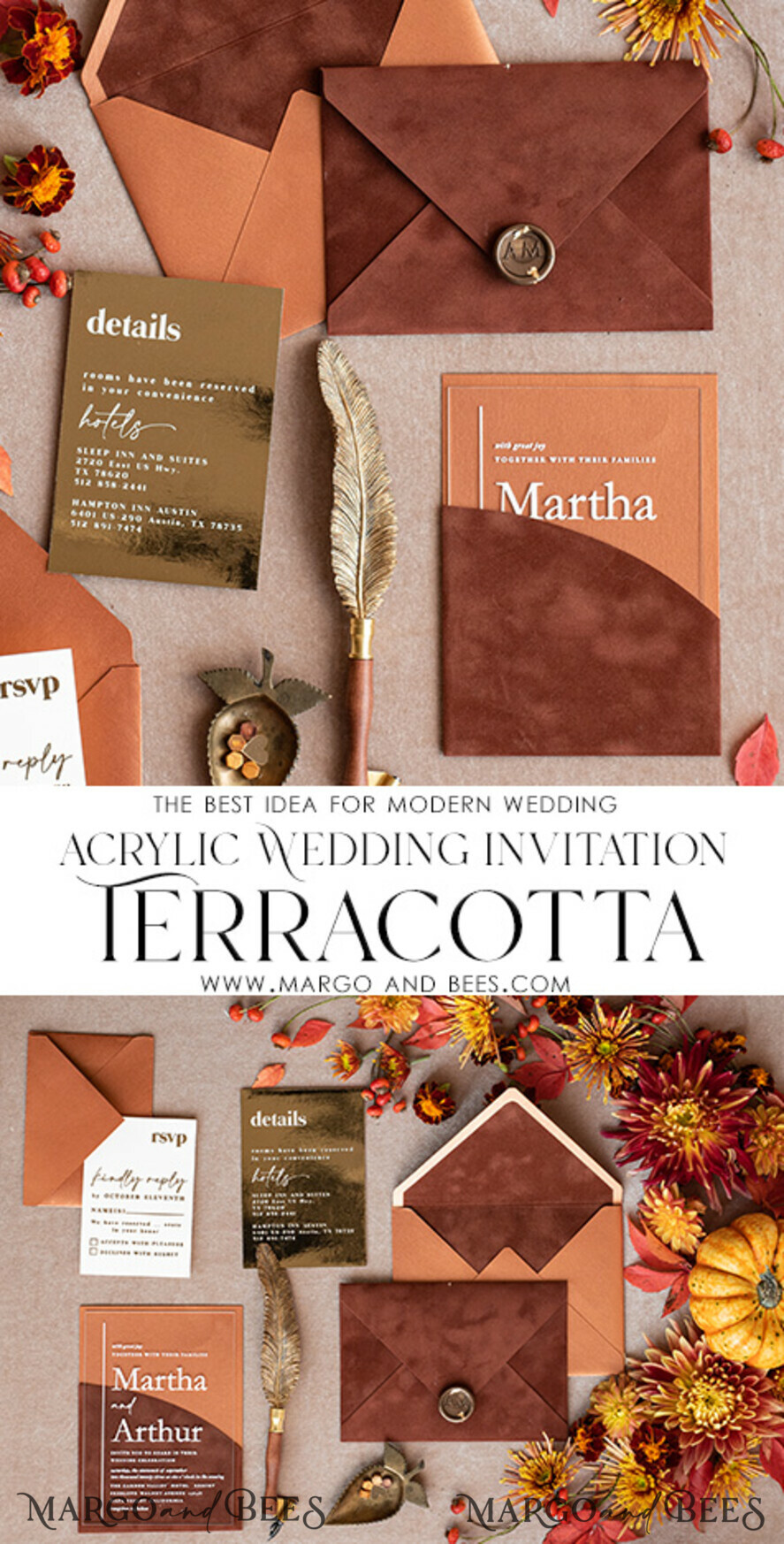 WEDDING INVITATIONS gold / rose gold / silver / glitter Bespoke Terracotta  wedding invitations,  Boho Pocket Acrylic  Wedding Invitations, Rust & Gold Velvet Wedding Invitation Suite, Burnt Orange Wedding Cards