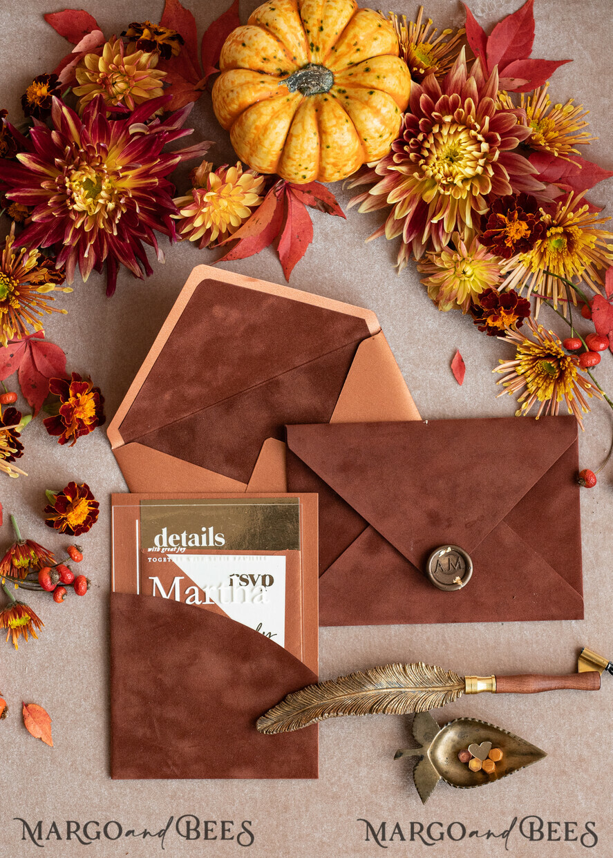 WEDDING INVITATIONS gold / rose gold / silver / glitter Bespoke Terracotta  wedding invitations,  Boho Pocket Acrylic  Wedding Invitations, Rust & Gold Velvet Wedding Invitation Suite, Burnt Orange Wedding Cards