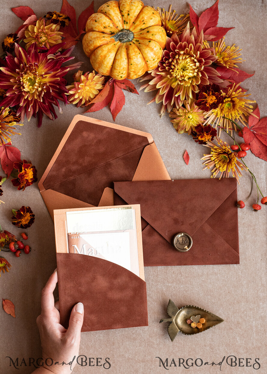 WEDDING INVITATIONS gold / rose gold / silver / glitter Bespoke Terracotta  wedding invitations,  Boho Pocket Acrylic  Wedding Invitations, Rust & Gold Velvet Wedding Invitation Suite, Burnt Orange Wedding Cards