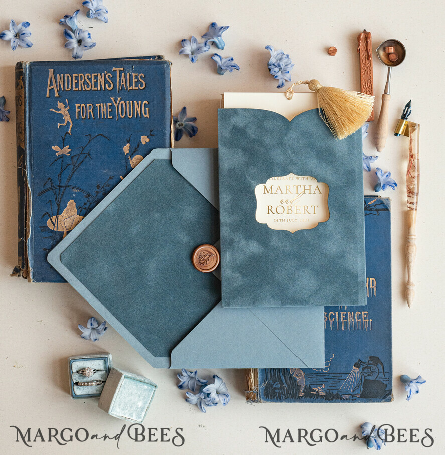 WEDDING INVITATIONS gold / rose gold / silver / glitter Luxory wedding invitations, Romantic dusty blue Velvet Wedding Invitations, Luxury Gold Foil Wedding Cards, Gold tassel Wedding Invitations
