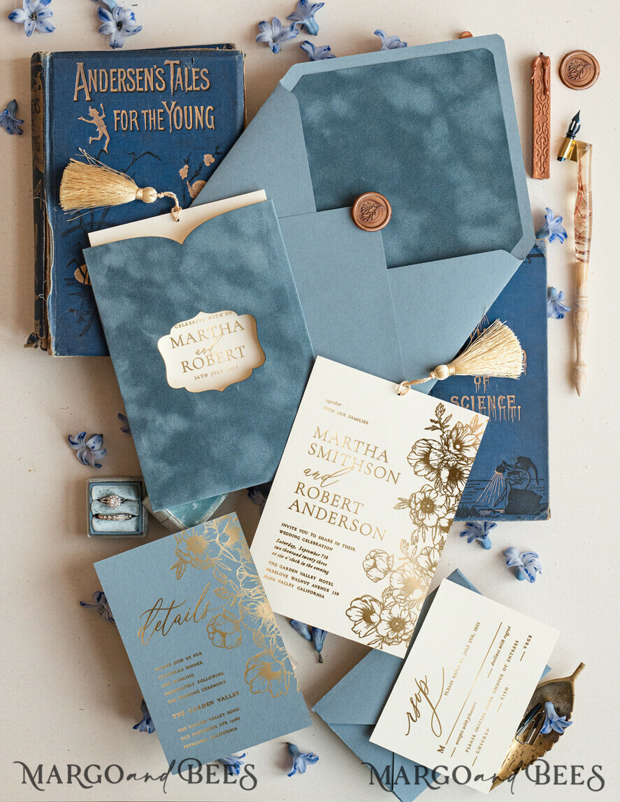 WEDDING INVITATIONS gold / rose gold / silver / glitter Luxory wedding invitations, Romantic dusty blue Velvet Wedding Invitations, Luxury Gold Foil Wedding Cards, Gold tassel Wedding Invitations