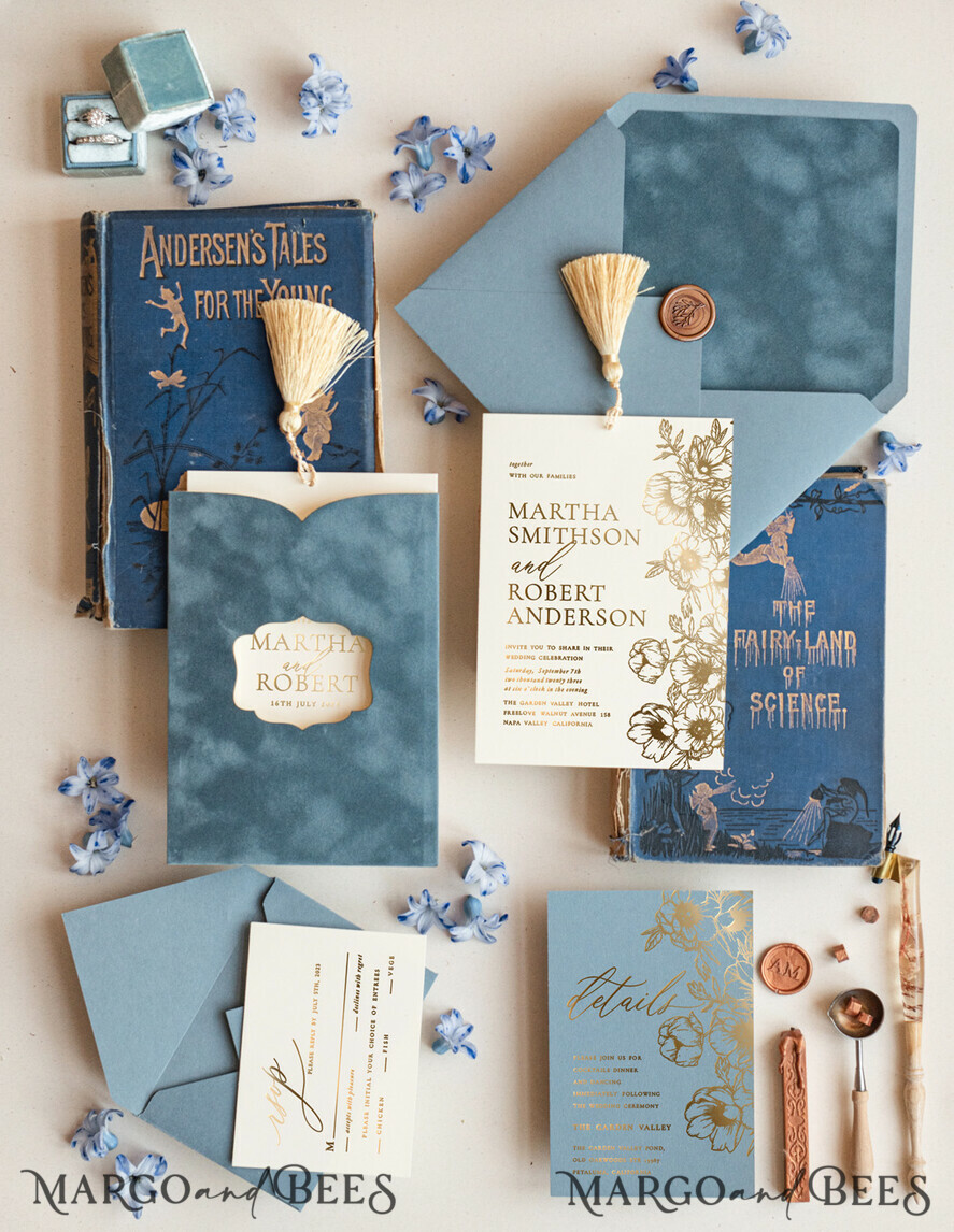 WEDDING INVITATIONS gold / rose gold / silver / glitter Luxory wedding invitations, Romantic dusty blue Velvet Wedding Invitations, Luxury Gold Foil Wedding Cards, Gold tassel Wedding Invitations