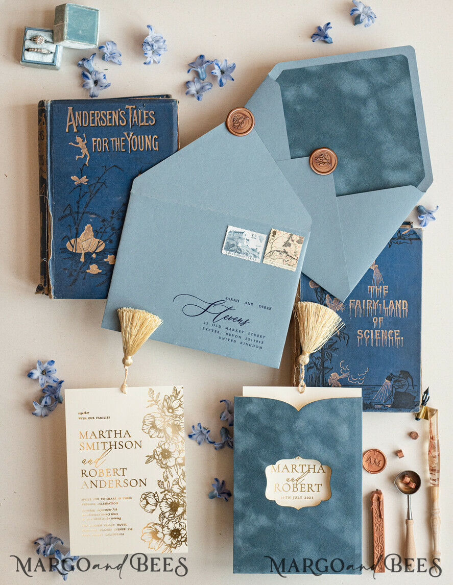 WEDDING INVITATIONS gold / rose gold / silver / glitter Luxory wedding invitations, Romantic dusty blue Velvet Wedding Invitations, Luxury Gold Foil Wedding Cards, Gold tassel Wedding Invitations
