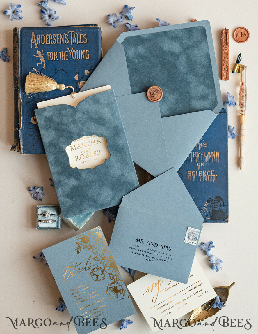 WEDDING INVITATIONS gold / rose gold / silver / glitter Luxory wedding invitations, Romantic dusty blue Velvet Wedding Invitations, Luxury Gold Foil Wedding Cards, Gold tassel Wedding Invitations