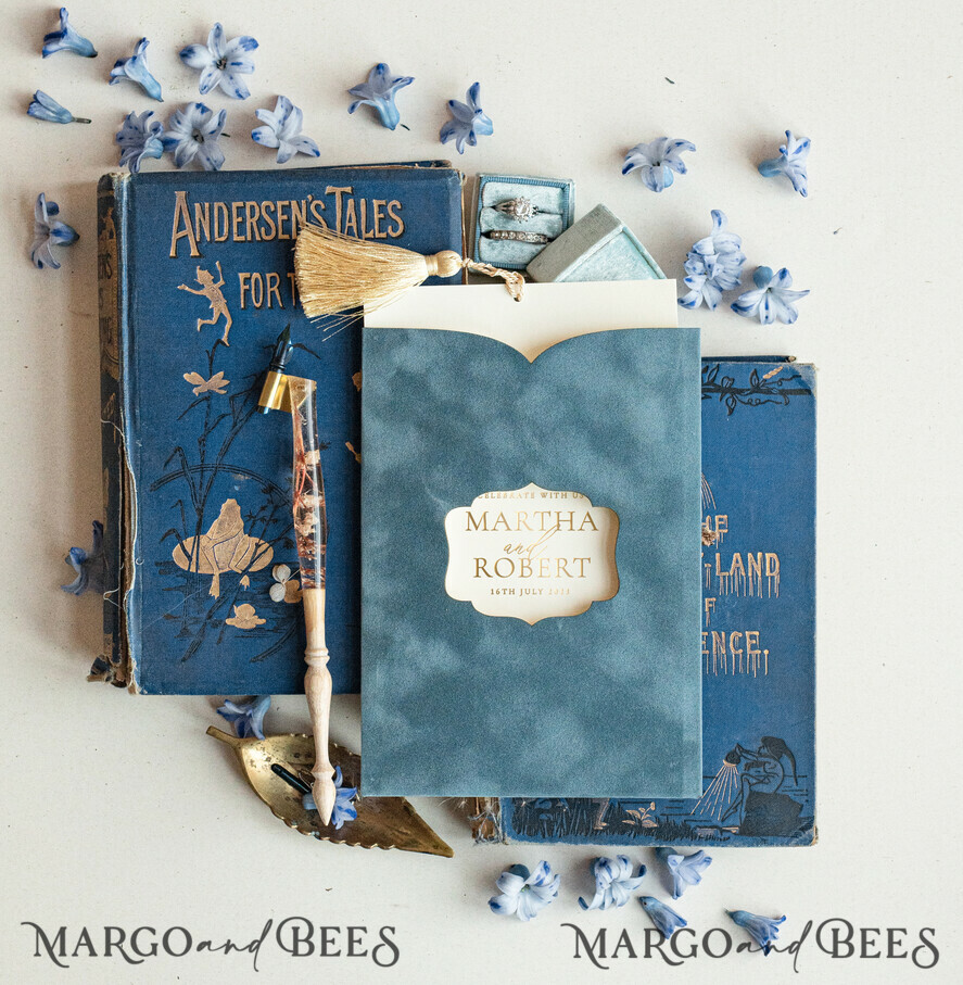 WEDDING INVITATIONS gold / rose gold / silver / glitter Luxory wedding invitations, Romantic dusty blue Velvet Wedding Invitations, Luxury Gold Foil Wedding Cards, Gold tassel Wedding Invitations