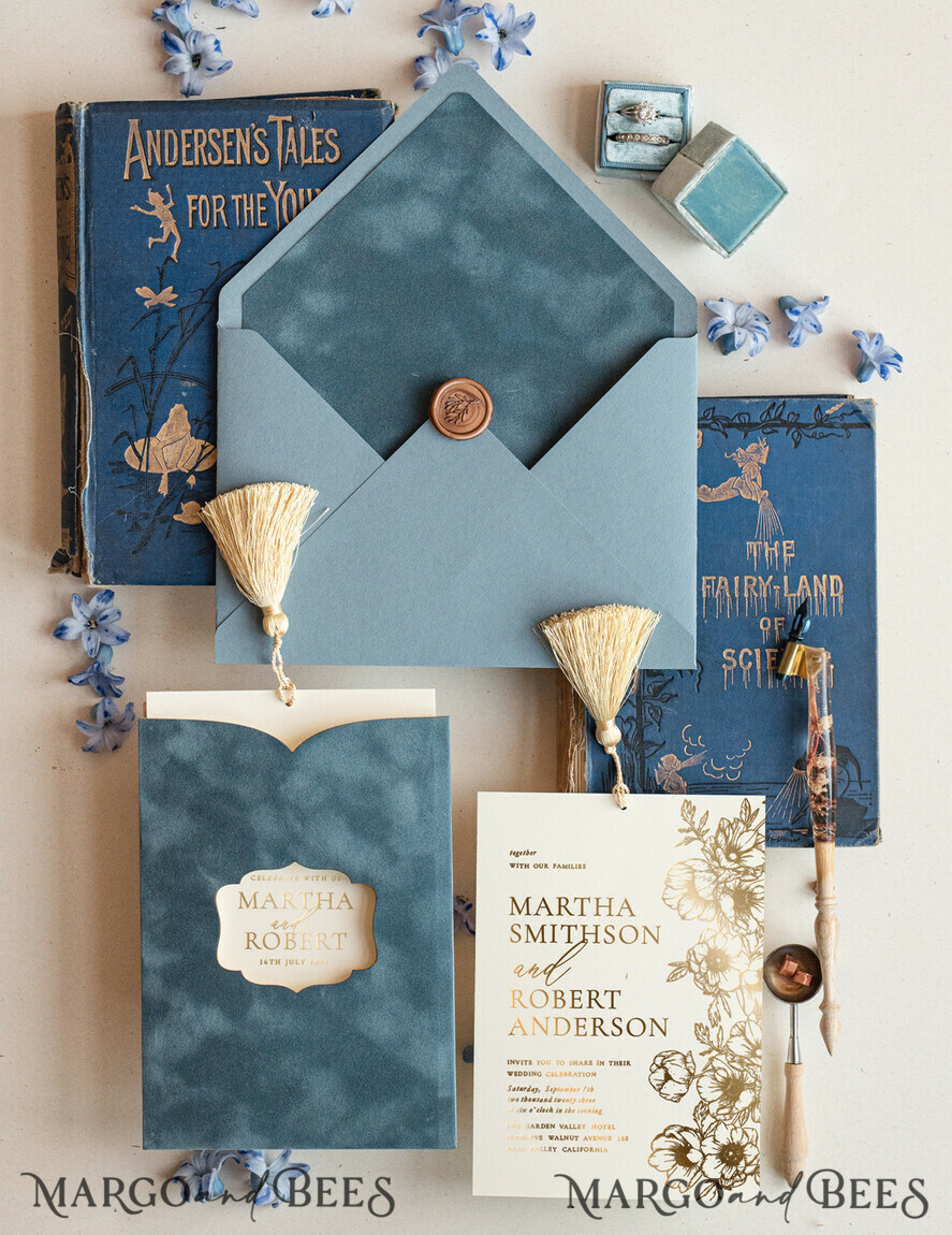 WEDDING INVITATIONS gold / rose gold / silver / glitter Luxory wedding invitations, Romantic dusty blue Velvet Wedding Invitations, Luxury Gold Foil Wedding Cards, Gold tassel Wedding Invitations
