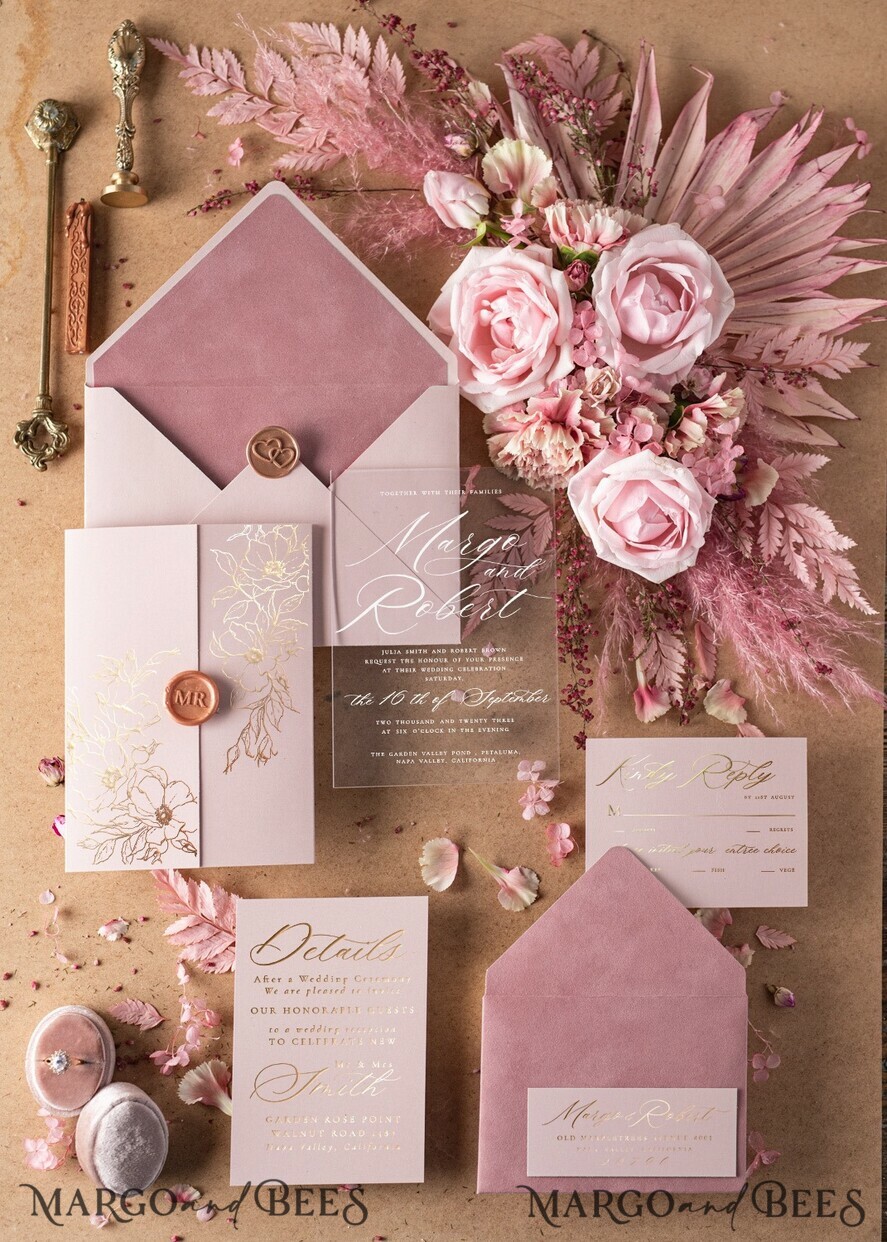 WEDDING INVITATIONS gold / rose gold / silver / glitter Luxury Velvet Wedding Invitations, Elegant Plexi Acrylic Wedding Invites, Glamour Blush Pink Wedding Cards, Golden Shine Wedding Invitation Suite