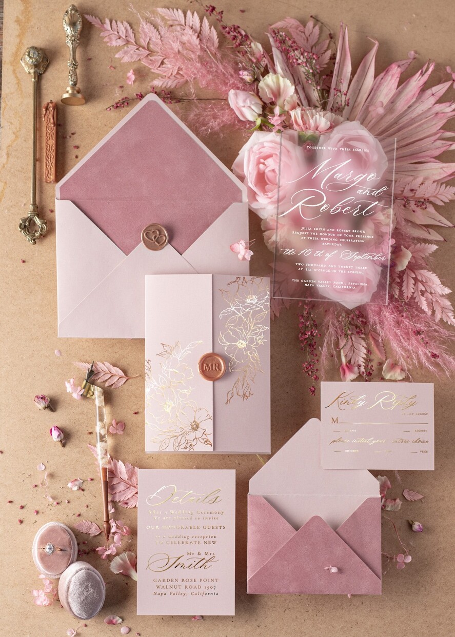 WEDDING INVITATIONS gold / rose gold / silver / glitter Luxury Velvet Wedding Invitations, Elegant Plexi Acrylic Wedding Invites, Glamour Blush Pink Wedding Cards, Golden Shine Wedding Invitation Suite