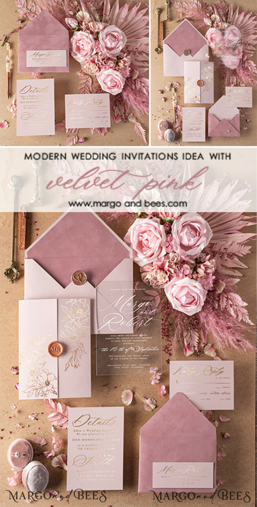 WEDDING INVITATIONS gold / rose gold / silver / glitter Luxury Velvet Wedding Invitations, Elegant Plexi Acrylic Wedding Invites, Glamour Blush Pink Wedding Cards, Golden Shine Wedding Invitation Suite