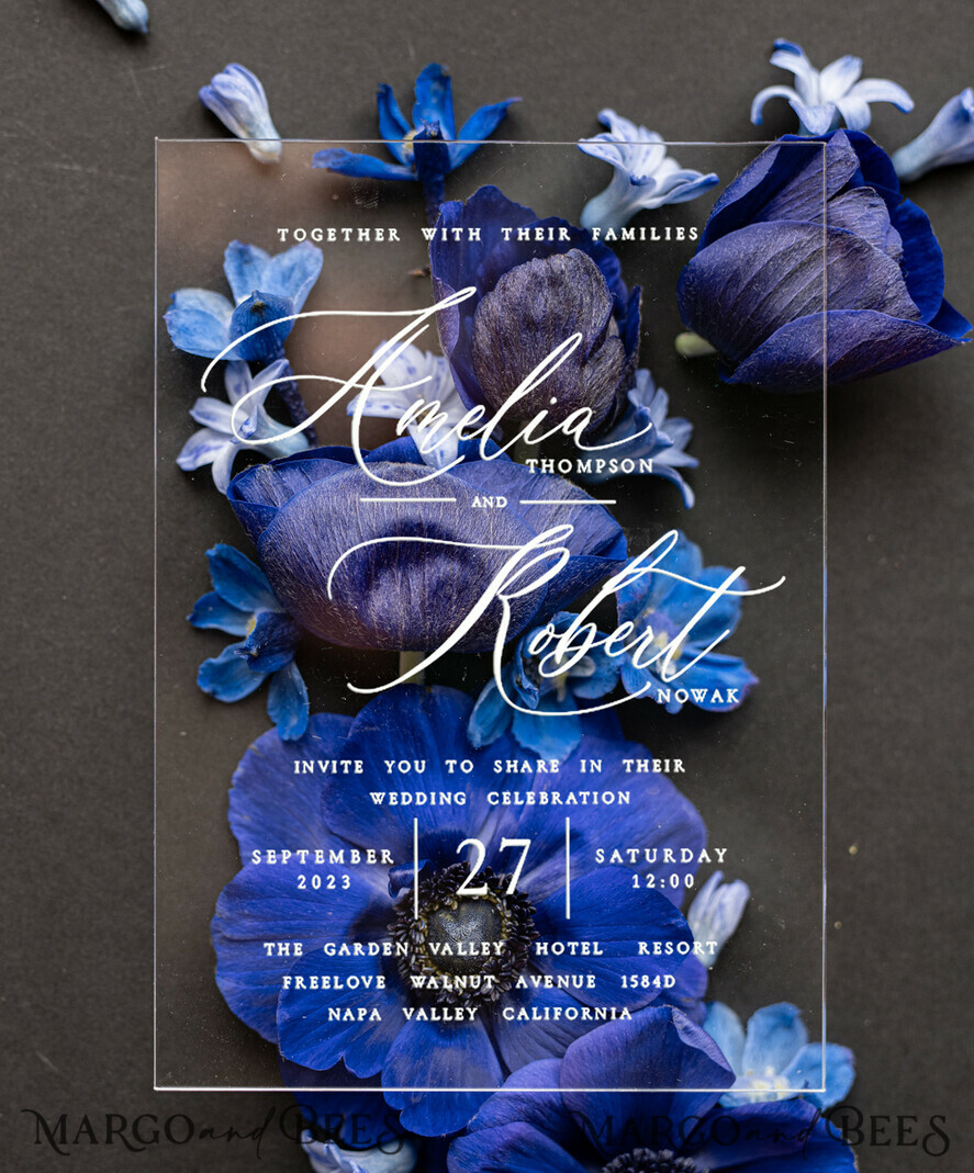 Navy Blue Floral Butterflies and Gold Geometric Acrylic Invitation