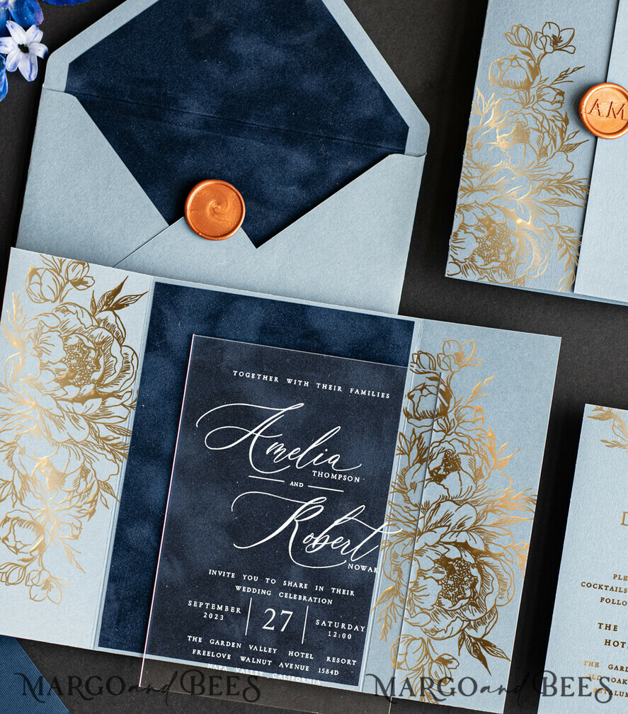 WEDDING INVITATIONS gold / rose gold / silver / glitter Bespoke Acrylic Ice blue wedding invitation, Glamour Velvet nave blue Wedding Invitations, Golden Shine Plexi Wedding Invitation Suite, Luxury Wedding Cards wax seal Copper