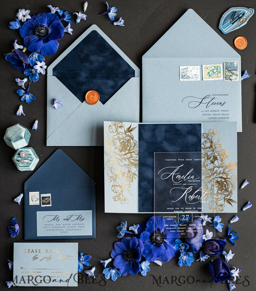 WEDDING INVITATIONS gold / rose gold / silver / glitter Bespoke Acrylic Ice blue wedding invitation, Glamour Velvet nave blue Wedding Invitations, Golden Shine Plexi Wedding Invitation Suite, Luxury Wedding Cards wax seal Copper