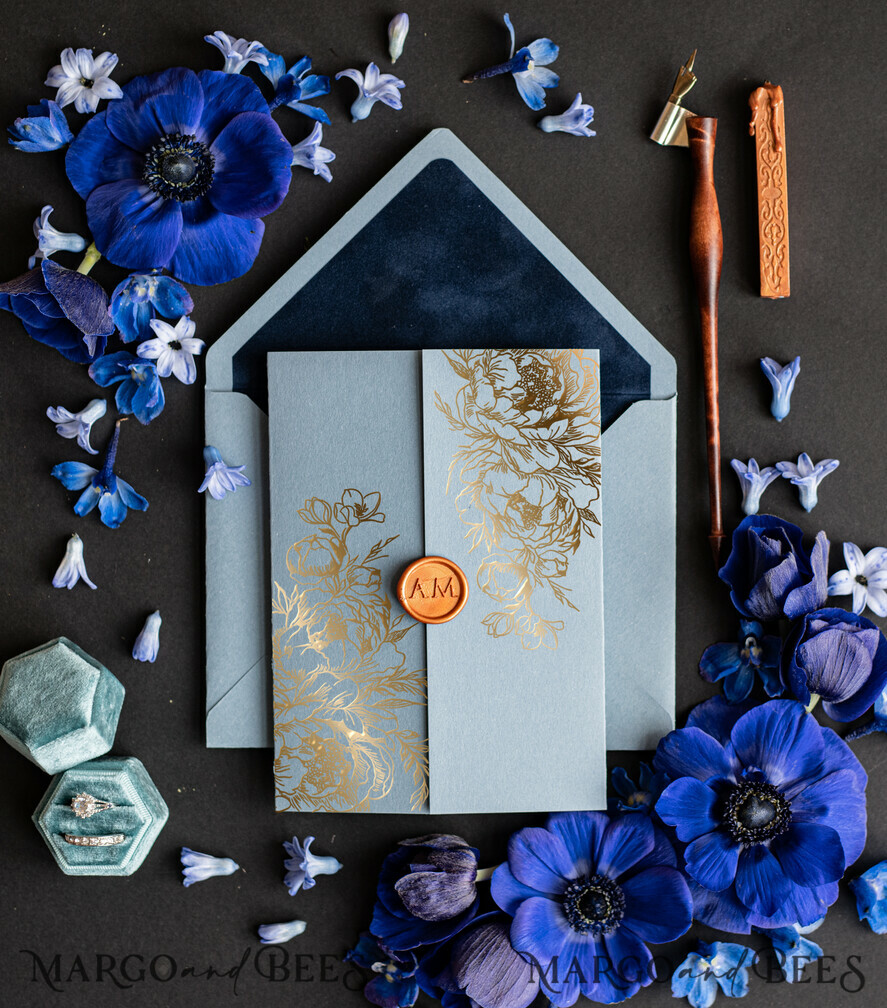 WEDDING INVITATIONS gold / rose gold / silver / glitter Bespoke Acrylic Ice blue wedding invitation, Glamour Velvet nave blue Wedding Invitations, Golden Shine Plexi Wedding Invitation Suite, Luxury Wedding Cards wax seal Copper