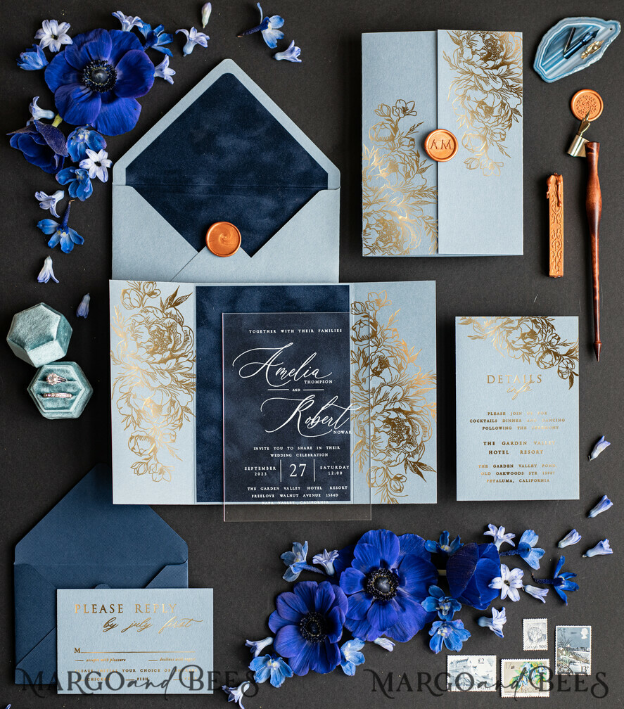 WEDDING INVITATIONS gold / rose gold / silver / glitter Bespoke Acrylic Ice blue wedding invitation, Glamour Velvet nave blue Wedding Invitations, Golden Shine Plexi Wedding Invitation Suite, Luxury Wedding Cards wax seal Copper