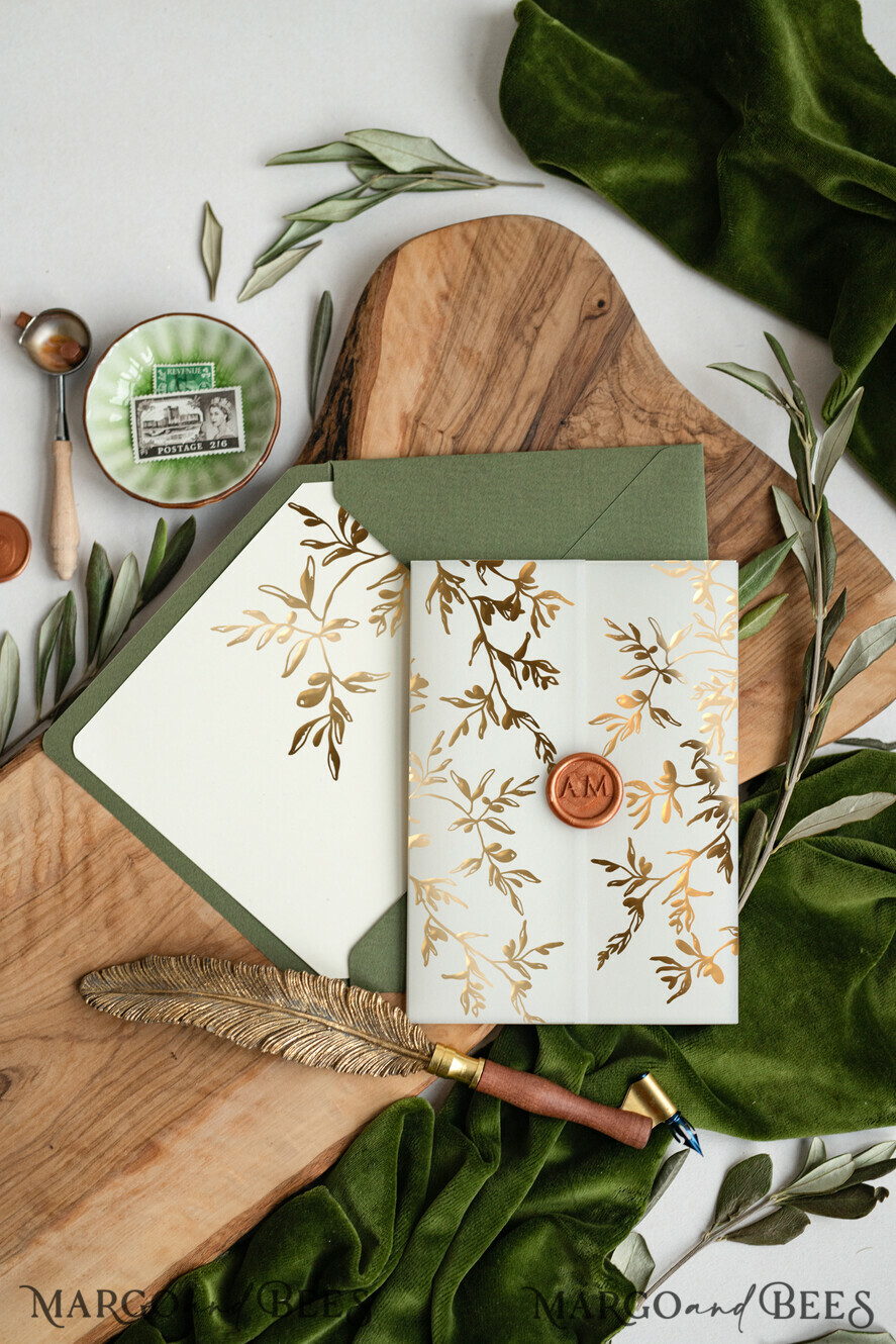 WEDDING INVITATIONS gold / rose gold / silver / glitter Greece Olive Branch Wedding Invitation, Acrylic olive green wedding invitation cards, Gold Wedding Invites