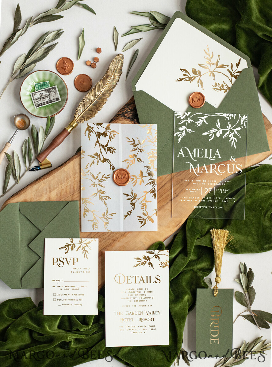 WEDDING INVITATIONS gold / rose gold / silver / glitter Greece Olive Branch Wedding Invitation, Acrylic olive green wedding invitation cards, Gold Wedding Invites