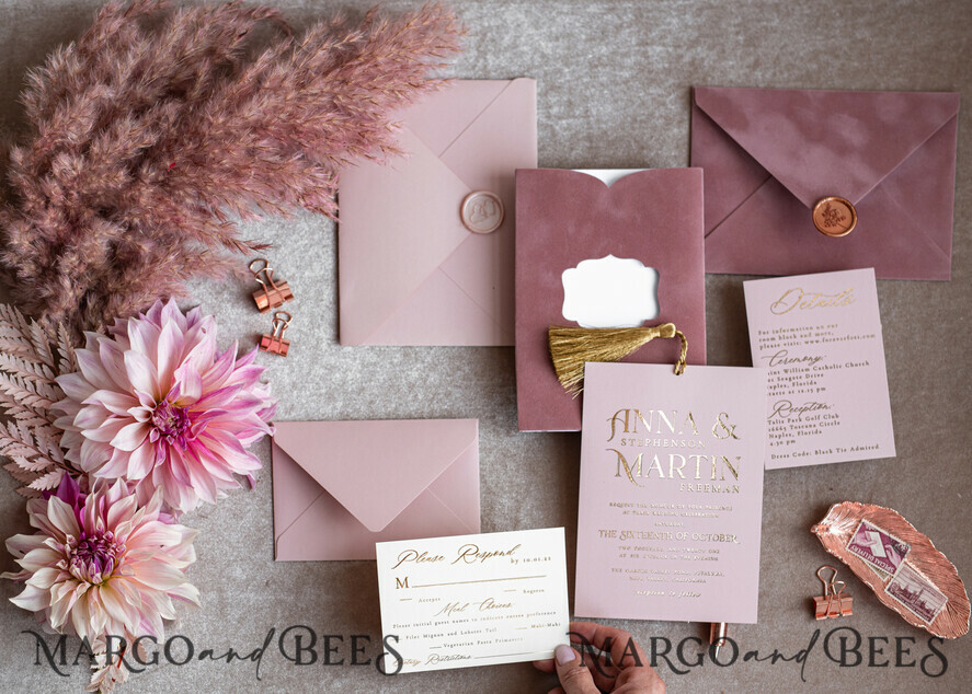 WEDDING INVITATIONS gold / rose gold / silver / glitter Glamour Pink Velvet Wedding Invitations, Luxury Golden Tassel Wedding Invitation Suite, Romantic Blush Pink Arabic Wedding Cards, Elegant Golden Shine Wedding Invites