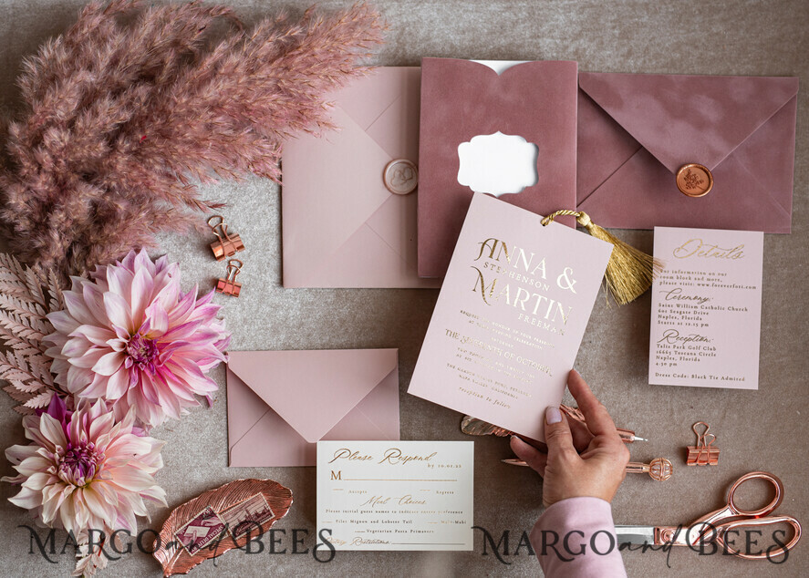 WEDDING INVITATIONS gold / rose gold / silver / glitter Glamour Pink Velvet Wedding Invitations, Luxury Golden Tassel Wedding Invitation Suite, Romantic Blush Pink Arabic Wedding Cards, Elegant Golden Shine Wedding Invites