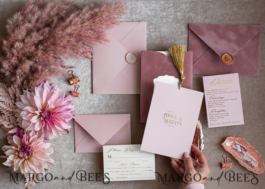 WEDDING INVITATIONS gold / rose gold / silver / glitter Glamour Pink Velvet Wedding Invitations, Luxury Golden Tassel Wedding Invitation Suite, Romantic Blush Pink Arabic Wedding Cards, Elegant Golden Shine Wedding Invites