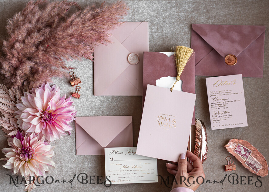 WEDDING INVITATIONS gold / rose gold / silver / glitter Glamour Pink Velvet Wedding Invitations, Luxury Golden Tassel Wedding Invitation Suite, Romantic Blush Pink Arabic Wedding Cards, Elegant Golden Shine Wedding Invites