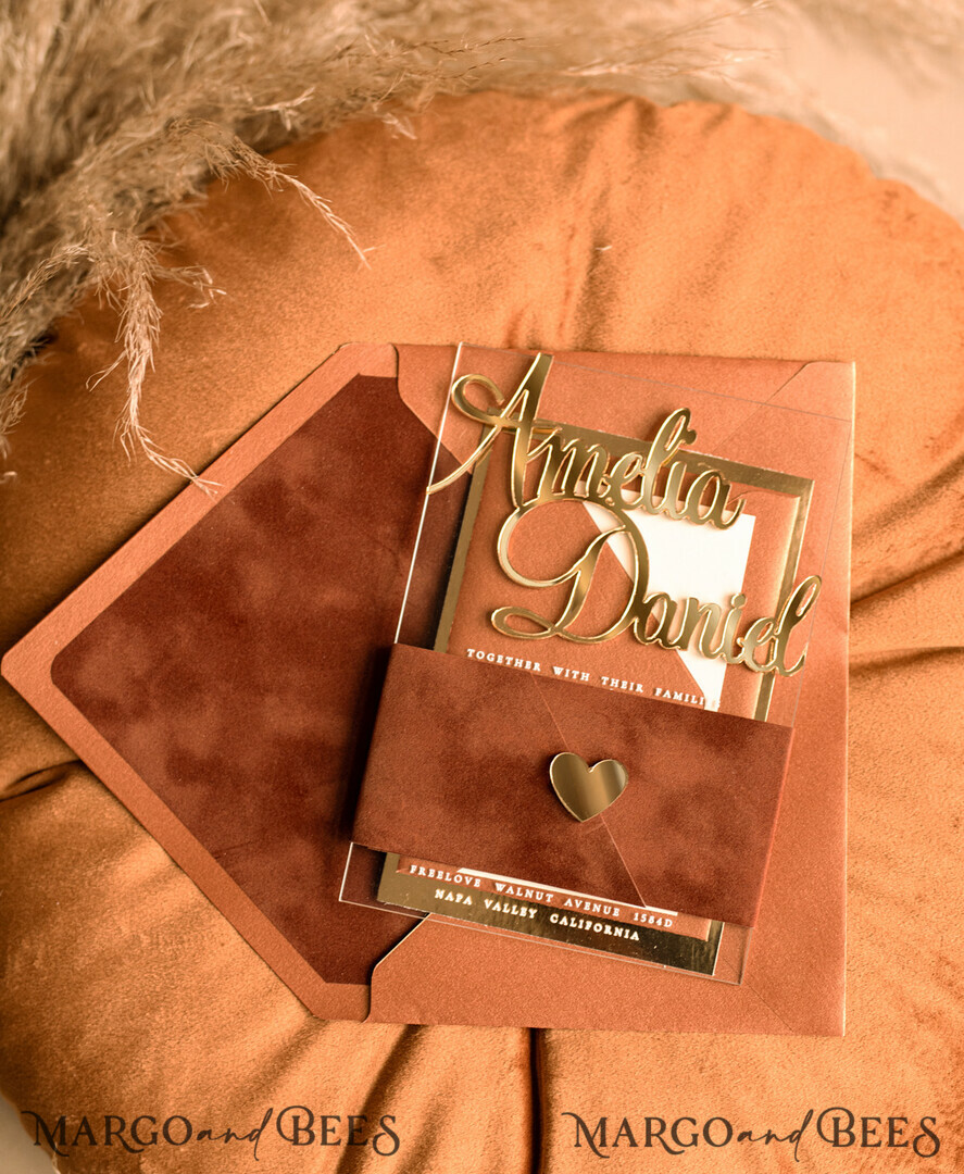 WEDDING INVITATIONS gold / rose gold / silver / glitter Bespoke Acrylic Gold  wedding invitation set, Luxury Velvet Wedding Invitations terracotta gold, Glamour Wedding Invitation Suite, 3D Gold mirror fall copper invites , Wedding Cards