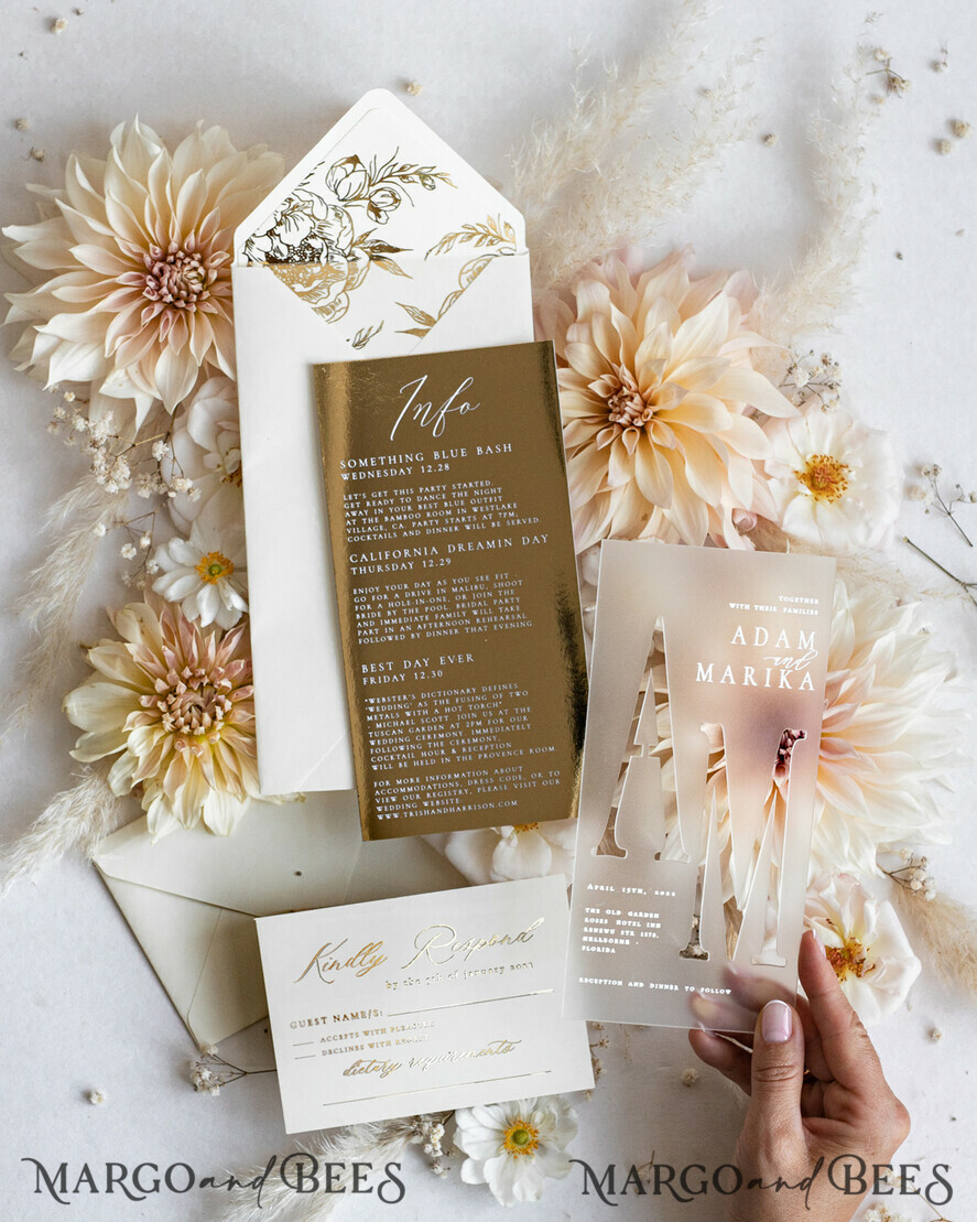 Embossed Bride Groom Names Transparent Acrylic Invitations, Gold Foil