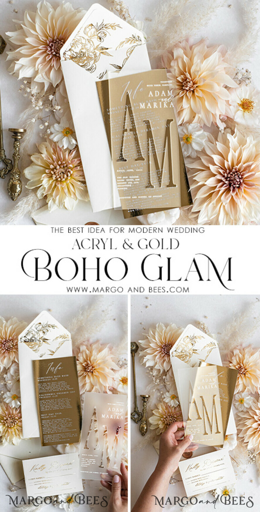 WEDDING INVITATIONS gold / rose gold / silver / glitter Acrylic Frozen Wedding invitation suite, Boho Glam Wedding Invitations, Golden Shine Wedding Invitates, Elegant Gold Wedding Cards