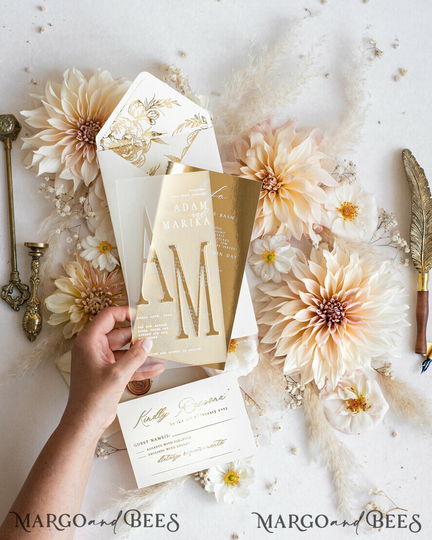 WEDDING INVITATIONS gold / rose gold / silver / glitter Acrylic Frozen Wedding invitation suite, Boho Glam Wedding Invitations, Golden Shine Wedding Invitates, Elegant Gold Wedding Cards